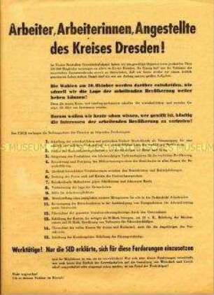 Forderung des FDGB in Dresden an die 1946 neu zu wählenden Kreis- und Landesparlamente; Liste gemeinsamer Kandidaten mit der SED, Aufruf zur Wahl der Liste