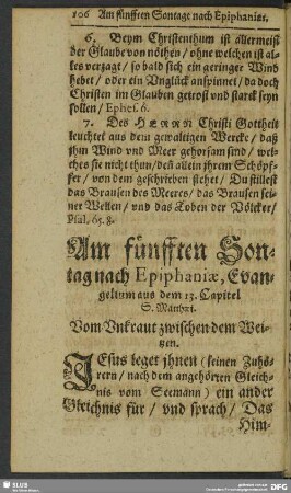 Am fünfften Sontag nach Epiphaniae, Evangelium aus dem 13. Capitel S. Matthaei