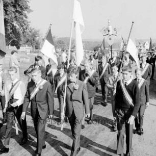 Kindervogelschießen: Umzug: Grünanlage zwischen Matthias-Claudius-Schule und Ahrensböker Straße (Haus hinten rechts): Schüler tragen Schärpen, Holzvogel, Armbrüste, 29. Juni 1963