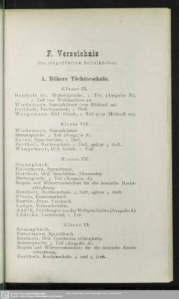 F. Verzeichnis der eingeführten Schulbücher