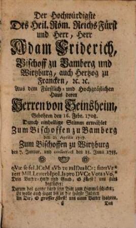 Fürstlichen Hoch-Stiffts Wirtzburg, und Hertzogthums Francken Hof-, Stands- und Staats-Calender. 1768