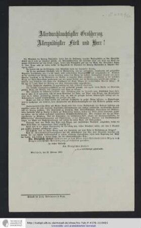 Eingabe an den Großherzog von Hessen Darmstadt für den Eisenbahnbau von Alzey nach Bingen (Provinz Rheinhessen)