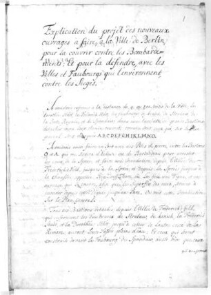 Autograph : Bodt, Jean de. Autograph. Feder, Sepiatusche; 33 x 22,7 cm. 1. H. 18. Jh. Aus: Sur la Fortification de Berlin, Blatt 1. Dresden: SLUB Mscr. Dresd. B 113