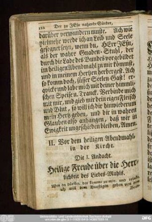 Die I. Andacht. Heilige Freude über die Herrlichkeit des Liebes-Mahls.