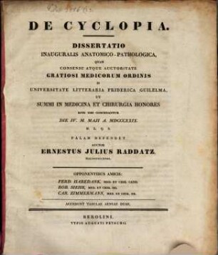 De cyclopia : diss. inaug. anat.-pathol. ; cum tab. aen. II