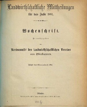 Landwirthschaftliche Mittheilungen : für das Jahr ... ; Wochenschrift. 16. 1881