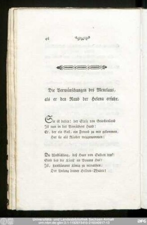 Die Verwünschungen des Menelaus, als er den Raub der Helena erfuhr.
