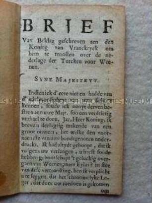 Ironischer Trostbrief an König Ludwig XIV. von Frankreich wegen der Niederlage der Türken vor Wien