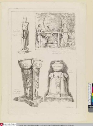 [Stehende Figurine mit einer kleinen ägyptischen Skulptur in Händen, Basrelief, Marmornes Dreibein, Vase auf einem mit ägyptischer Figur dekoriertem Podest]