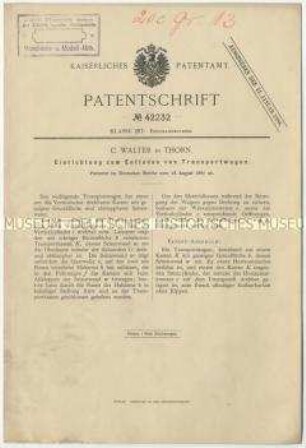 Patentschrift einer Einrichtung zum Entladen von Transportwagen, Patent-Nr. 42232