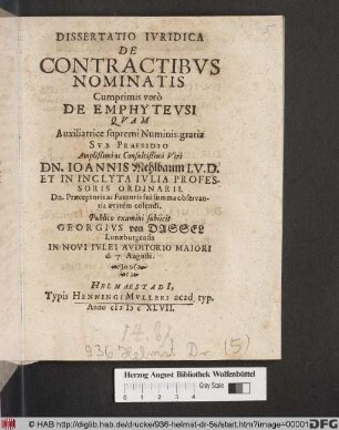 Dissertatio Iuridica De Contractibus Nominatis : Cumprimis vero De Emphyteusi