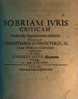 Sobriam iuris criticam ... commendat