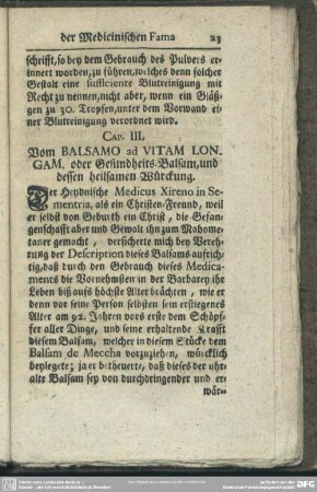 Cap. III. Vom Balsamo ad Vitam Longam oder Gesundheits-Balsam, und dessen heilsamen Würckung
