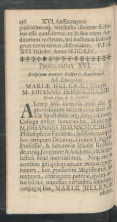 Programma XVI. [...] Ad Exequias Mariae Helenae, Uxoris M. Johannis Hornschuchii