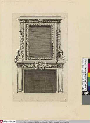 Diverses Inventions nouvelles pour des Cheminées, Bl. 15 [Kamin mit leerem Rechteckfeld, li. und re. auf Kaminsims Büste einer Frau. (Wilke 2016)]
