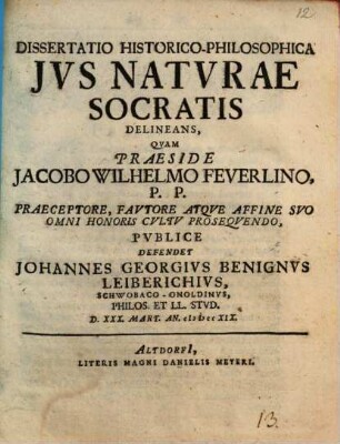 Dissertatio Historico-Philosophica Jvs Natvrae Socratis Delineans