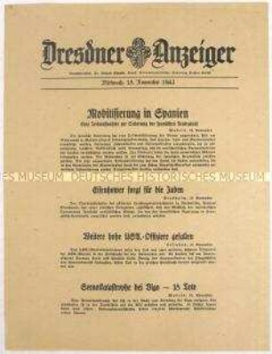 Nachrichtenblatt "Dresdner Anzeiger" u.a. zur Teilmobilisierung der spanischen Armee
