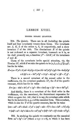 Lesson XVIII. Higher binary quatics.