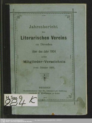 1904: Jahresbericht des Literarischen Vereins zu Dresden ... über die Jahre nebst Mitglieder-Verzeichnis