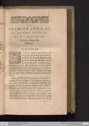 Le Premier Iour De La Seconde Sepmaine De Gvillaume De Saluste, Sieur du Bartas. Sommaire.