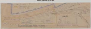 Beuel, Bahnhof: Teil-Lageplan. Einzeichnung der Eigentumsgrenze der RSE, einer Zaunerrichtung 1941 und Ergänzungen 1948.