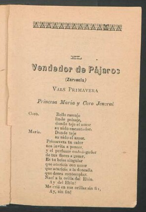 El vendedor de pájaros : (Zarzuela)