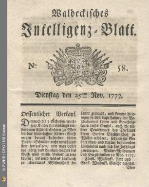 No. 58. Dienstag den 25ten Nov. 1777