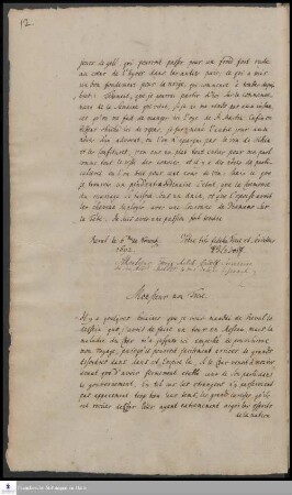 Brief von Heinrich Wilhelm Ludolf an Georg Melchior v. Ludolf.
