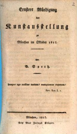 Ernstere Würdigung der Kunstausstellung zu München im Okt. 1817