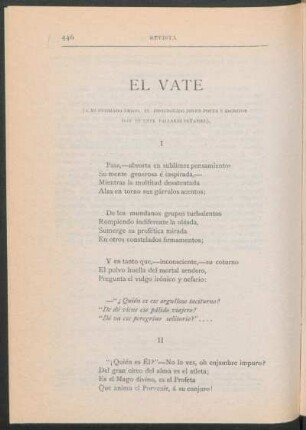 El vate : (Á mi estimado amigo, el distinguido joven poeta y escritor Don Vicente Pallares Peñafiel)