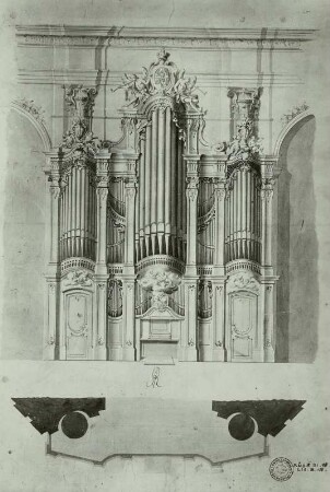 Dresden, Katholische Probsteikirche (Hofkirche): Orgel Silbermanns (Aufriß mit Vermerk A. R.)