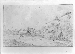 Landschaft mit Brunnen und Bauern