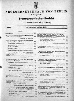 Nr. 17, 26.06.1951 (Außerordentliche Sitzung)