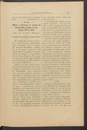 Notas y adiciones al ensayo de Bibliografía Cubana de los siglos XVII y XVIII : La imprenta en la Habana y Santiago de Cuba
