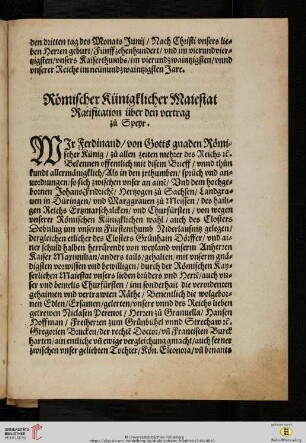 Römischer Künigklicher Maiestat Ratification über den vertrag zu Speyr