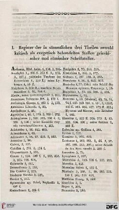 I: Register der in sämmtlichen drei Theilen sowohl kritisch als exegetisch behandelten Stellen griechischen rund römischer Schriftsteller