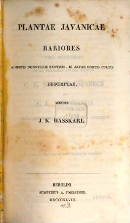 Plantae Javanicae rariores : Adjectis nonnullis exoticis, in Javae Hortis cultis descriptae