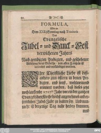 Formula, Wie an Dem XXII. Sonntag nach Trinitatis Das Evangelische Jubel- und Danck-Fest verwichenen Jahres Nach geendigten Predigten, und geschehener Ablesung derer Gebethe, von allen Cantzeln ist intimiret und verkündiget worden.