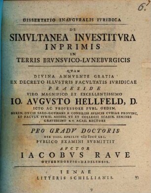 Dissertatio Inavgvralis Ivridica De Simvltanea Investitvra Inprimis in Terris Brvnsvico-Lunebvrgicis