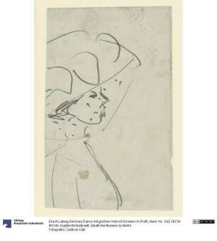 Dame mit großem Hut mit Schleier im Profil