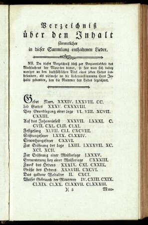 Verzeichniß über den Inhalt sämmtlicher in dieser Sammlung enthaltenen Lieder.