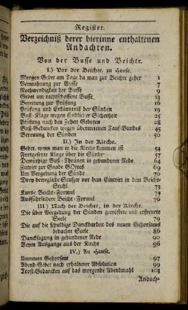 Verzeichnis der hierinne enthaltenen Andachten