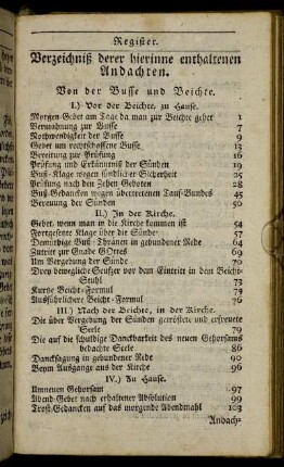 Verzeichnis der hierinne enthaltenen Andachten