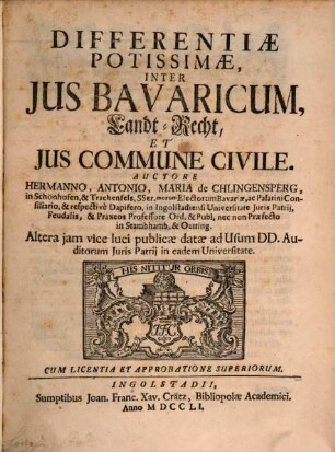 Differentiae Potissimae, Inter Jus Bavaricum, Landt-Recht, Et Jus Commune Civile