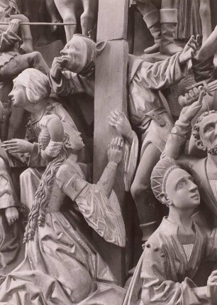 Flügelaltar : Flügelaltar. Holz, geschnitzt, gefaßt (1480/1510). Detail mit Maria Magdalena aus der Kreuzigungsszene im Mittelschrein. Salzwedel, Marienkirche