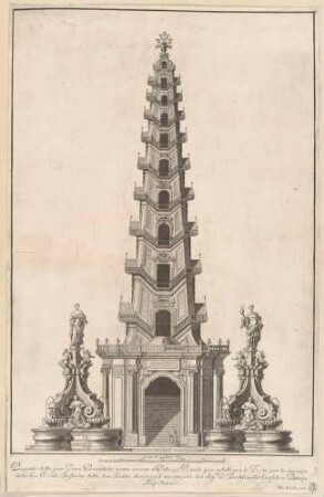 Der Turm im Zentrum der Festarchitektur vor dem Palazzo Reale in Neapel anlässlich der Geburt der Prinzessin Maria Isabel (1740–1742)