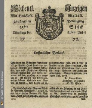 25tes Stueck, Dienstags den 21sten Julii 1772