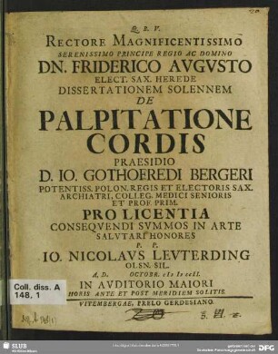 Rectore Magnificentissimo ...Dissertationem Solennem De Palpitatione Cordis