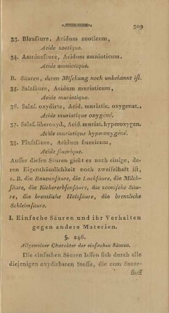 I. Einfache Säuren und ihr Verhalten gegen andere Materien.