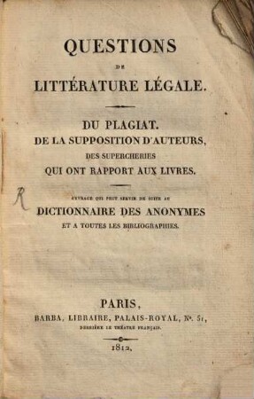 Questions de littérature légale